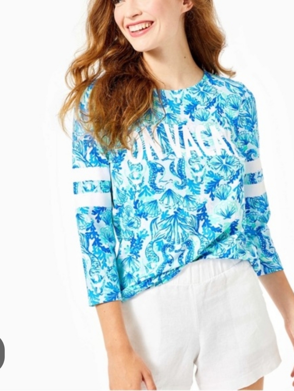 Lilly Pulitzer Blue Printed Crewneck Sweatshirt with White Stripes